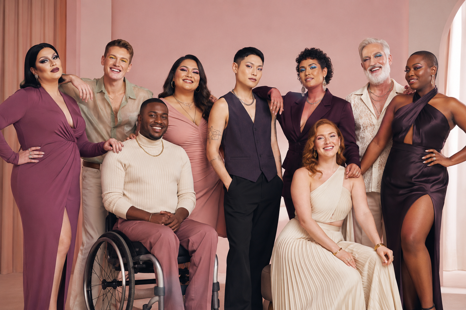 A diverse group of LGBTQ+ adults expressing themselves through makeup, fashion, jewelry and accessories